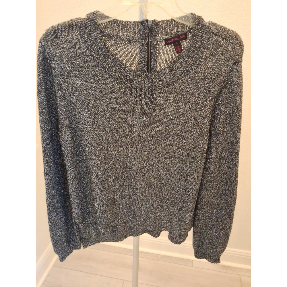 Material Girl Womens Large L Shimmer Metallic Knit Sweater Black Silver Pullover